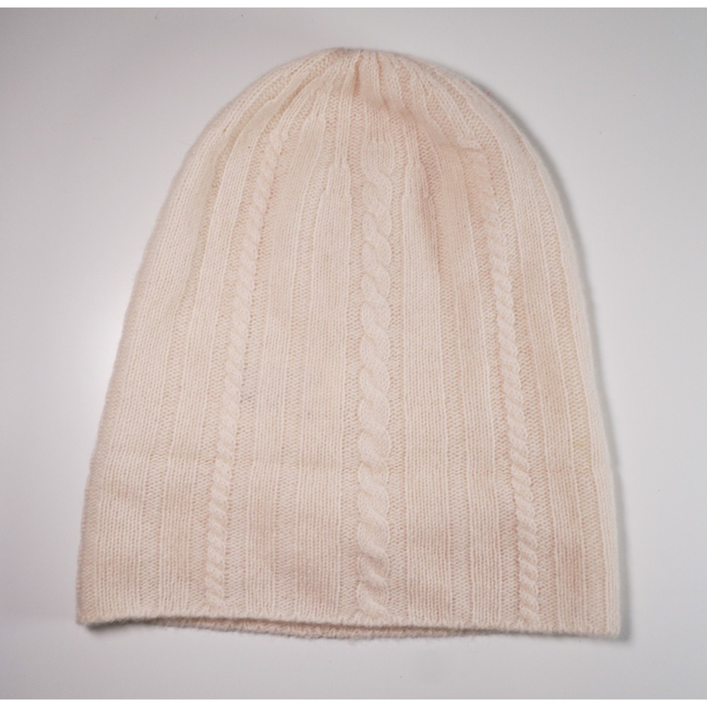 100% Premium Cashmere Ivory Cable Knit Beanie One Size Stretchy